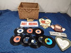 lot 277 image: 45 Records, license plate, brass duck napkin holder, wood decor and basket