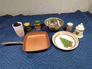 lot 75 image: Square copper fry pan, S&P, decor bowl and more