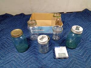 lot 76 image: 3 Vintage canning jars with lids, 3 other canning jars and new box of lids