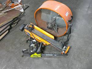 lot 74 image: As-Is Lot of CE Industrial Fan-WEN Wood Splitter-Ryobi 18 Chain Saw