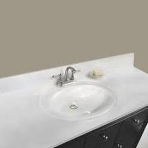 lot 104 image: MagickWoods Elements 43W x 22D White Swirl Cultured Marble Vanity Top with Oval Integrated Recessed Bowl