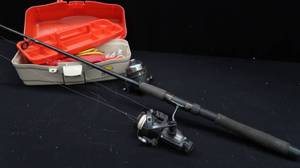 lot 31 image: PLANO TACKLE BOX WITH TACKLE, SHAMANO ROD AND DIAWA REEL