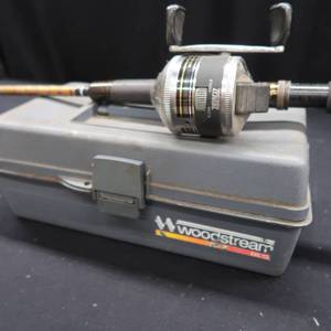 lot 32 image: ZEBCO ROD WITH ZEBCO REEL, AND A VINTAGE WOODSTREAM TACKLEBOX WITH TACKLE