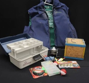 lot 34 image: FLAMBEAU TACKLE BOX WITH TACKLE, ZEBCO REEL, STEARNS LIFE JACKET, VINTAGE BAIT BED WORM BOX