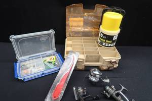 lot 35 image: FENWICK TACKLE BOX, PLANO TACKLE BOX WITH TACKLE, SHIMANO AND ZEBCO REEL, A SHRIMP CLEANER, A LEACH  BUCKET
