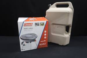 lot 42 image: BRAND NEW STILL IN BOX COLEMAN PROPANE GRILL AND A 6 GALLON WATER JUG