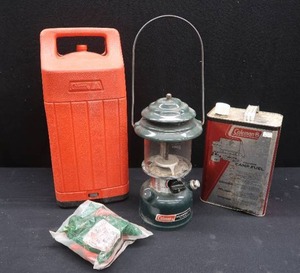 lot 54 image: COLEMAN ADJUSTABLE LANTERN WITH CARRING CASE, WITH QUARTER FULL GALLON OF CAMP FUEL, FILTER FUNNEL