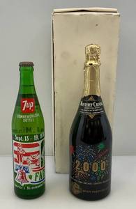 lot 75 image: Vintage 7UP Bottle Sept. 13-19 1976 Lake Crystal Minnesota & Harley Davidson 2000 Happy, New Years Monterey Cristal Sparkling Wine California Champagne Bottle (NIB)