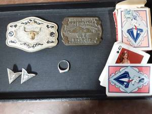 2-Belt Buckles, Collar Tips, Mens Ring & Deck Of Novelty Pin-Up Playing Cards.