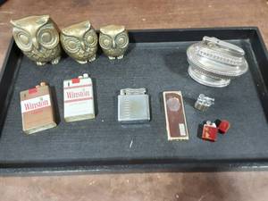 Collection Of Lighters & 3-Brass Owls