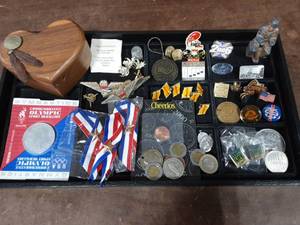 Collection Of Pins, Badges, Tokens, Foreign Coins & A Unique Tinder Puzzle Box-Not The Tray
