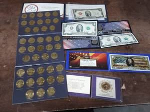 Set Of Replica Presidential Dollars, A Susan B. Anthony Dollar & Collection Of $2 Dollar Bills