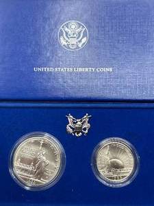 1986-P Statue Liberty Silver Dollar 2 Coin Set (original box & COA, .77oz silver)