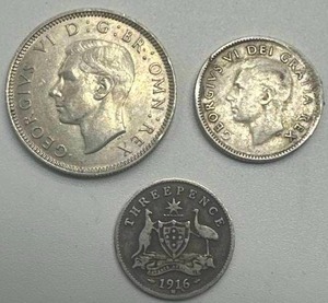 1942 Silver 1 Shilling, 1916 3 Pence, 1950 Candian Dime