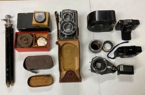 Antique Camera and Accessory Collection Including Ikoflex Zeiss Ikon Folding Camera, Zeiss Ikon Lens wCase, Minox, Minolta, Camera Film Rewinder...