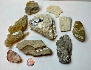 Selenite, Snail Fossils, Mica wTourmoline, Graptolite, Agate, Spodumene, Chert Etc.