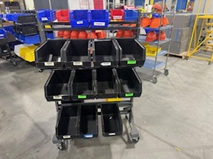 lot 118 image: Akro Mills Two-Sided Rolling Bin Cart with 27 Various Sized Bins
