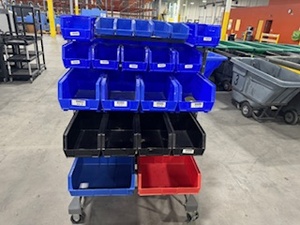 lot 130 image: Akro Mills Two-Sided Rolling Cart with 48 Various Sized Bins