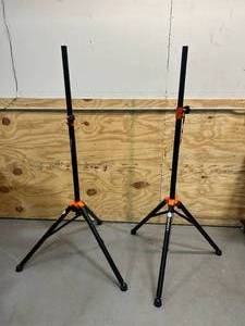 lot 37 image: Speaker Stands Pair-Durable & Adjustable Tripod with Non-Slip Rubber Feet, Portable with Carrying Bag for Stage, Studio, & Travel