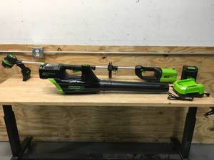 lot 64 image: Greenworks 80V Cordless Leaf Blower and 80V String Trimmer (1 Battery and 1 Charger)