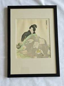 lot 20A image: Shinsui Maeda Print of Woman With Embroidery Blanket Woodblock