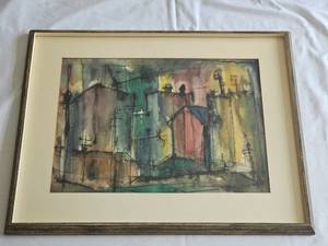 lot 26 image: MCM Abstract City Scape Watercolor by M. Aaron c.1963