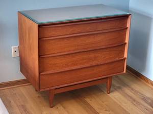 lot 15A image: Falster Danish Teak 4 Drawer Dresser with Glass Top