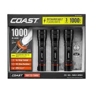 lot 75 image: Coast Rechargeable Flashlight 3Pack IP67 Stormproof Dustproof, 1000 Lumens