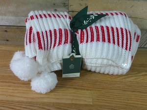 lot 21 image: Large Knite Throw Blanket with Corner Tassels Cream Red Stripes - Hearth & Hand with Magnolia
