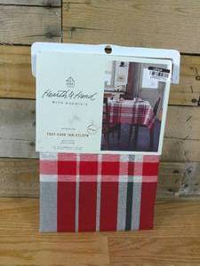 lot 33 image: 60x84 Plaid Wipeable Rectangular Tablecloth CreamLight BlueGreen - Hearth & Hand with Magnolia