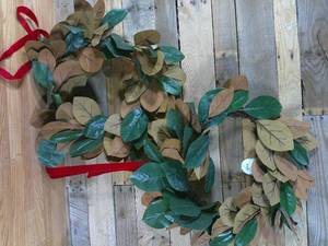 lot 98 image: (set of 2) 24 Magnolia Leaves Wreath with Red Ribbon Threshold w Studio McGee