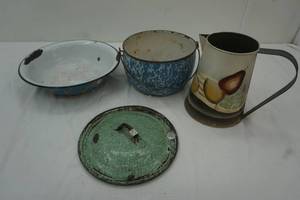 Vintage Enamel tea pot, bowl, top and cooking pot