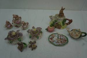 Vintage Porcelain Flower candle holders, Porcelain Flower Rings, Bunny Tea Pot, Little Bear tea Pot set