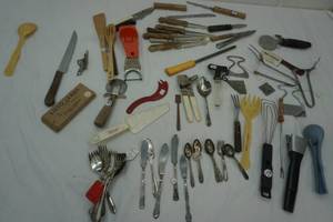 Variety of Vintage utensils, Silverware, knifes, Hot Spud Forks, vintage cheese cutter and more