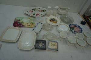 Vintage Gray Bowl, Salt & Pepper Shakers, President Kennedy Plate, Coasters, Coffee cups and saucers