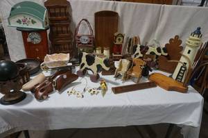 Large Wood Decor Lot, Lighthouse, Clock, vintage letter holder, shoe stretchers, and more