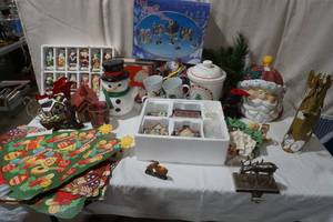 Christmas Decor, Santa, Snowman and tree cookie jars, Christmas coffee mugs and more