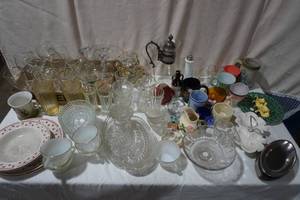 Variety of Glassware drinking cups, stem glassware, leaf relish dish, Luncheon Plates matching cups and more