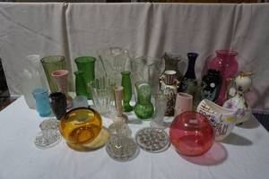 Large Lot of Different Shapes and sizes of vases & 2 Glass Bowls, Variety of flower frogs