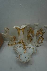Variety of Ceramic , white & Gold vase (hand painted & 22kt Gold ,Ceramic  Candlestick holders and more