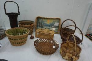 Variety of wicker, bread warmer, tray, and more