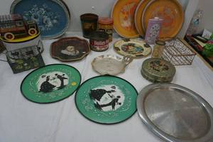 Large variety of Tins, trays, containers, 2 wire baskets, Hersheys chocolate Tin and more