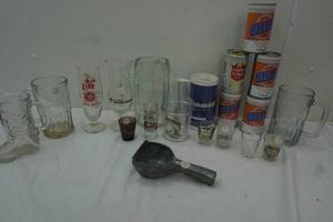 Vintage Root Beer cans, shot glasses, ice scoop and more