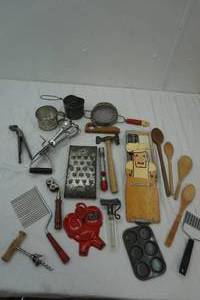 Vintage Kitchen utensils, Cheese Grater, sifter, handle, wooden spoons and more