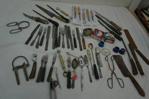 Lot of vintage silverware, knives, Ball Jar Rubber Tops, dome lids and more