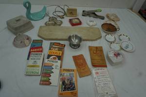 Blue swan towel holder, small vintage plates, Vintage Pioneer information, 2 covers and more
