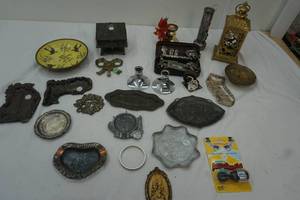 Brass tea light holder, Souvenir trays, vintage sewing machine parts and more