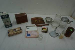Vintage Kitchenware,  Recipes box, Ball Zinc caps, Foster Picnic wood spoons and sporks, small tin oil funnel and more