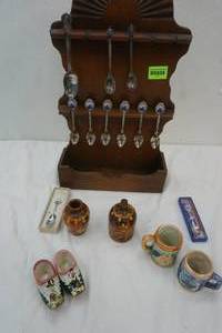 Vintage Spoon souvenirs, small steins, little Porcelain clogs, and two decorative mini jugs