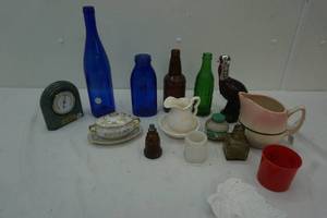 Thermometer, 2 blue glass bottles, 1 green bottle, Avon Turkey Perfume bottle and more